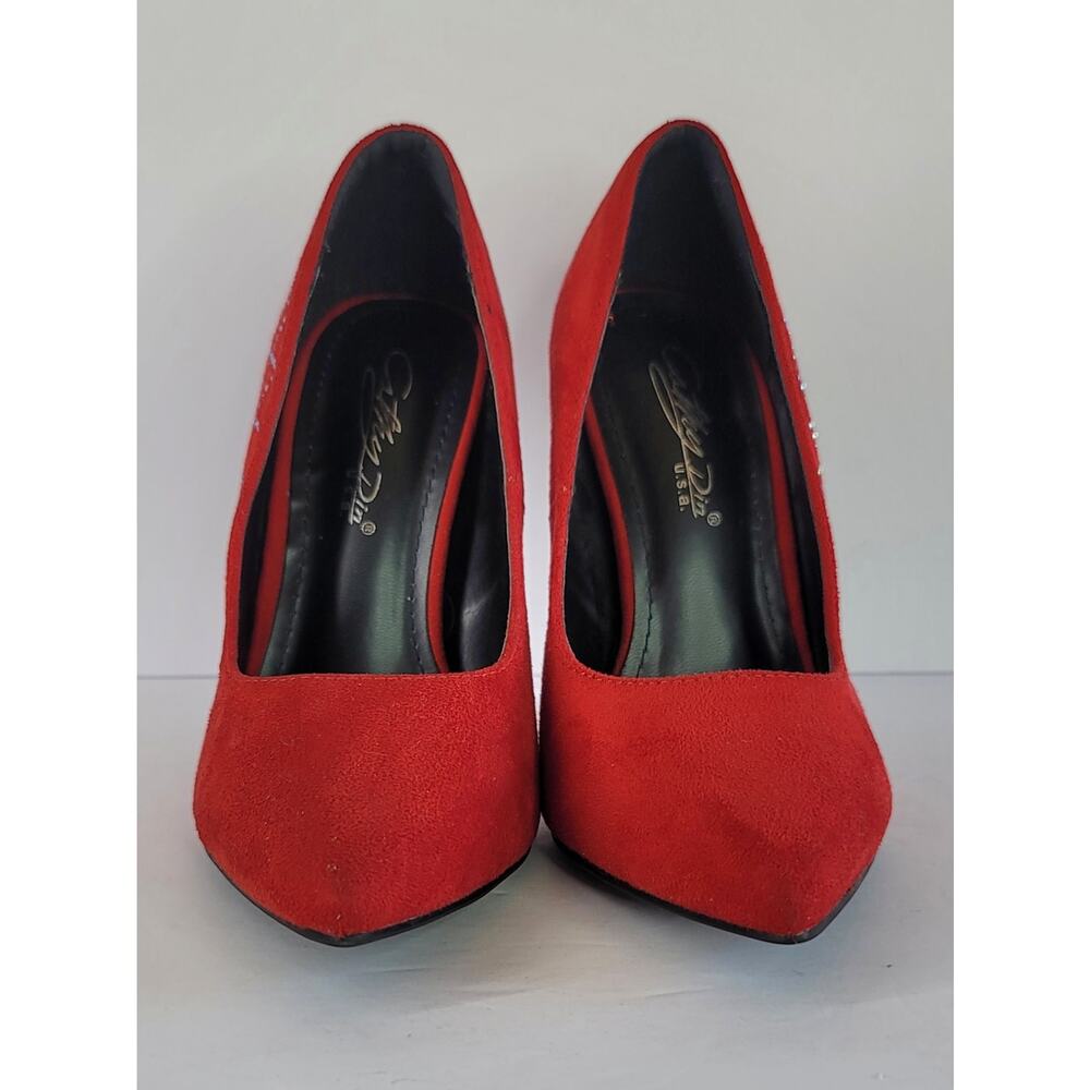 CATHY DIN Red Jeweled Sexy Girl Faux Suede Stiletto Heel Pumps Shoes Size 6 - Picture 3 of 10